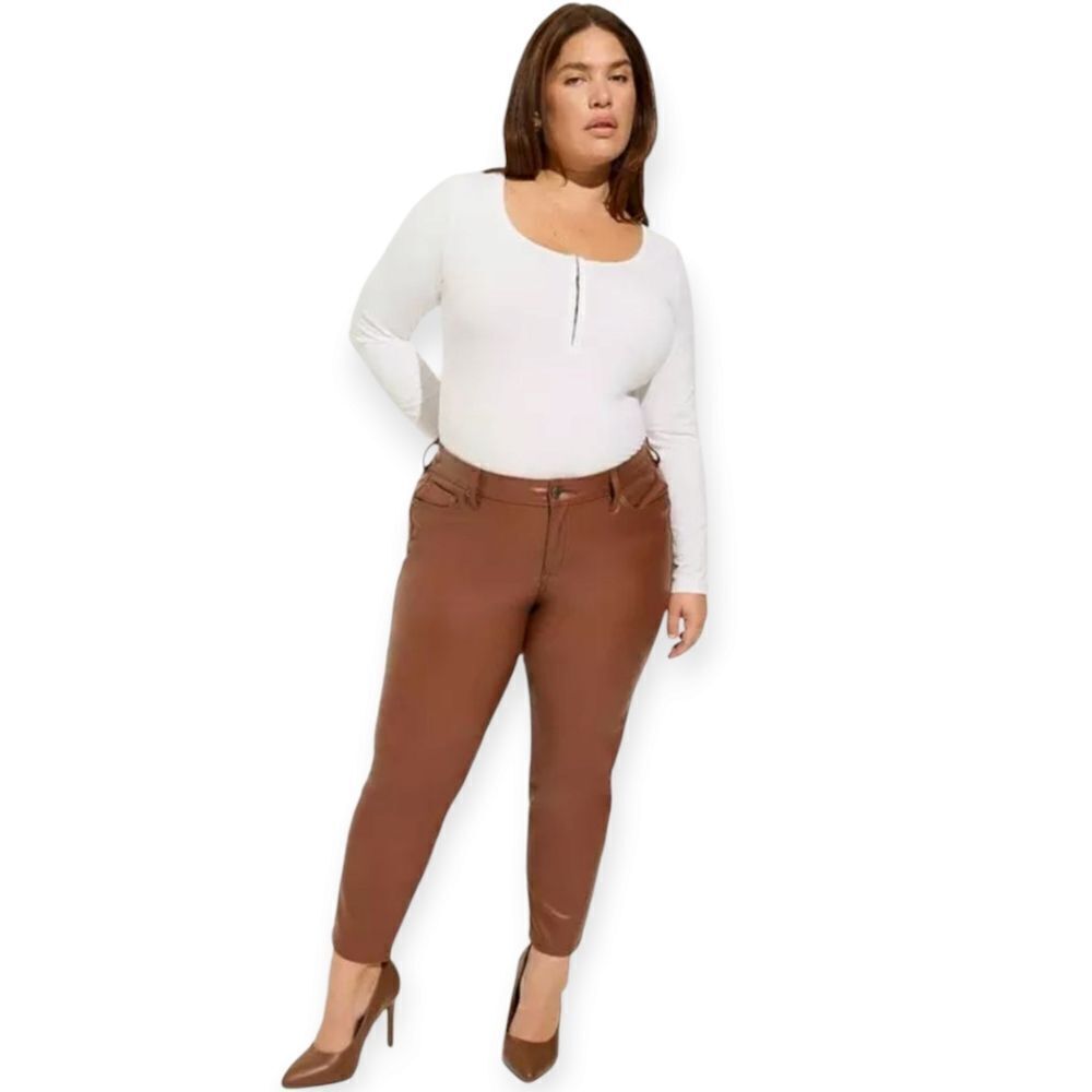 22W Torrid Brown Faux Leather Pant Perfect Skinny Mid Rise Zipper Pocket Plussiz
